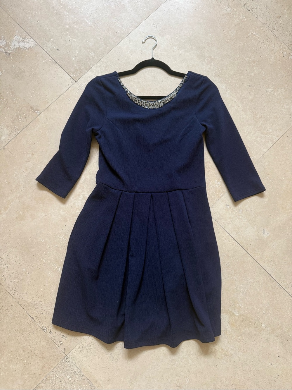 Navy Beaded Neckline Fit-and-Flare Dress